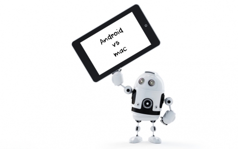 Android robot holding blank screen tablet